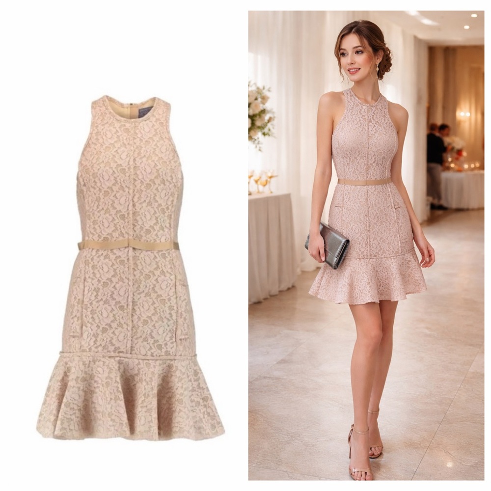 Lanvin Beige Pink Lace Mini Dress Ruffle Cocktail FR 38 US 6 Hoco Bridesmaid NWT